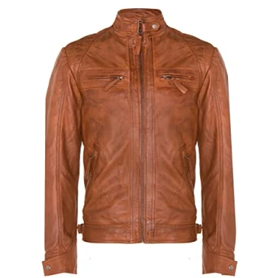 Abbildung von Infinity Leather Herrenjacke Bräunen 100% Echtleder Vintage Retro Design Motorradfahrer Renner Jacke S