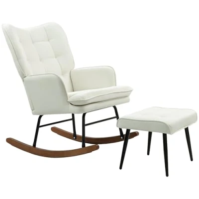 Abbildung von HOMCOM Schaukelsessel Stillsessel mit Hocker (Schaukelstuhl, 2 St., Schwingsessel), für Wohnzimmer, Schlafzimmer, 64L x 89B 90H cm, Cremeweiß