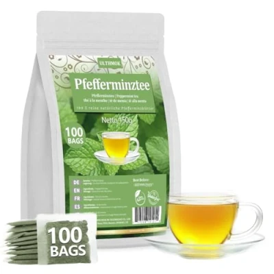 Abbildung von ULTHMOK Premium Pfefferminztee Beutel 100 Teebeutel aus 100% natürlichen Pfefferminzblättern, ohne Zusatzstoffe &amp; Koffeinfrei