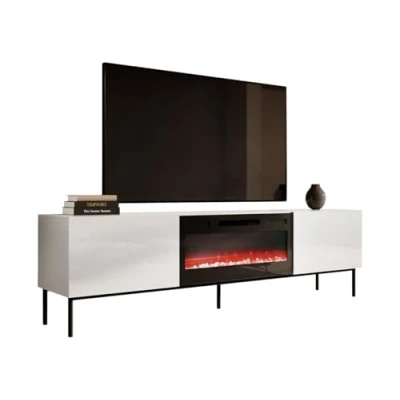 Abbildung von Mirjan24 TV Schrank mit Elektrischem Kamin Slide 200 Fernsehschrank Lowboard Griffloses Öffnen Elektrischer Kamin, Heizung Realistische LED Flamme (weiß/weiß Hochglan Füße: Schwarz)