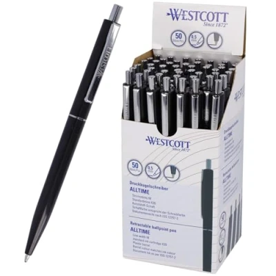 Abbildung von Westcott Kugelschreiber ALLTIME Schwarz 50 Stück Vorteilspack Druckkugelschreiber mit schwarzer Tinte Strichstärke M X20 Standardmine Dokumentenecht ISO 12757 2 Metallclip E 733755 00