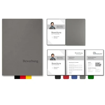 Abbildung von 5 Stück 3 teilige Bewerbungsmappen BL exclusivdruck® OPTIMA plus in Steingrau Premium Qualität mit edler Relief Prägung &#039;Bewerbung&#039; Produkt Design von &#039;Mario Lemani&#039;