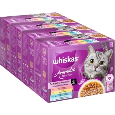Abbildung von WHISKAS Aromatic Selection Multipack Katzennassfutter 1+, 4 Sorten (Schwein, Huhn, Meeresfisch, Lachs in Sauce), 4x12x85g Vielfältige Geschmacksrichtungen für Katzen