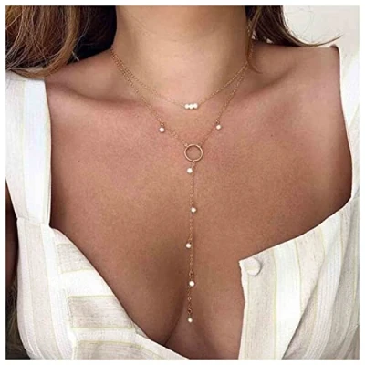 Abbildung von Yheakne Boho Kreis Perle Lariat Halskette Gold Lange Kette Tiny Pearl Choker Tropfen Perlenkette Y Schmuck für Frauen und Mädchen Geschenke