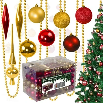 Abbildung von 130 teiliges Weihnachtskugeln Set aus Kunststoff Christbaumschmuck Baumschmuck in Glänzend Glitzernd Matt, Gold/Bordeaux