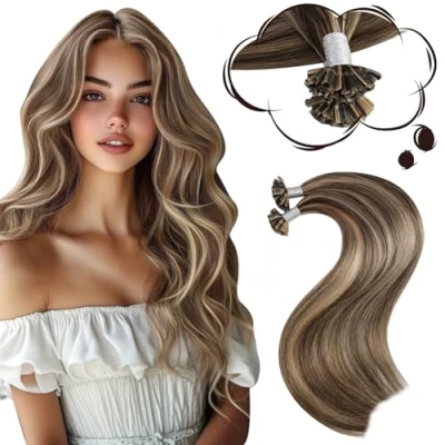 Abbildung von Moresoo Haarverlängerung Bondings 1g Hot Fusion Keratin Extensions Echthaar Dunkelbraun mit Karamellblond Remy Pre Bonded U Tip 50g 50 cm