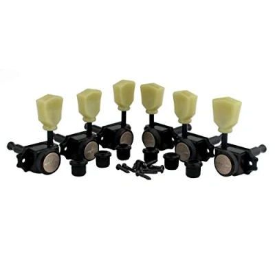 Abbildung von Guyker Locking Guitar Machine Heads (3R + 3L) 1:15 Ratio Lock String Vintage Deluxe Tuning Key Pegs Tuners Set Replacement for Electric, Acoustic or Folk Guitars Black