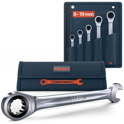 Abbildung von PRESCH Ratschenschlüssel Set 5tlg. (8, 10, 13, 17, 19mm) inkl. Tasche Minimaler Rückholwinkel (4, 90 Zähne) Präzisionsgefräste, robuste
