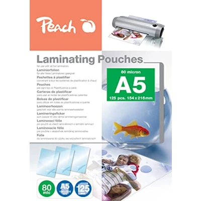 Abbildung von Peach Laminierfolien A5 80 mic 125 pouches glänzend Premiumqualität für beste Laminierergebnisse kompatibel mit Geräten aller Markenhersteller PP580 03P