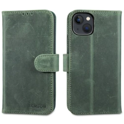 Abbildung von LENSUN Lederhülle für iPhone 13, Echtleder Handyhülle [Wallet Fach][RFID Schutz][Echtes Leder] Hülle Handytasche Flip Cover Kompatibel mit 13 Retro Grün