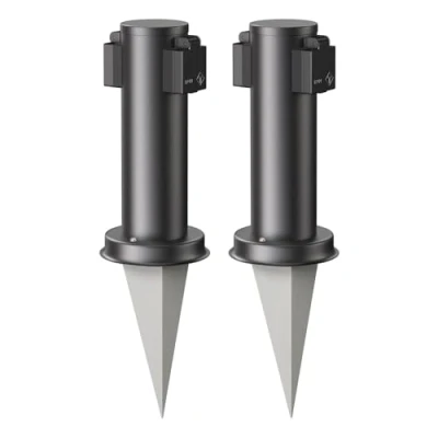 Abbildung von ledscom.de 2 Stück Garten Steckdosen Säule PORU mit Erdspieß für außen, Fach, Edelstahl, schwarz, rund, 27cm