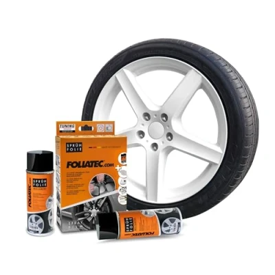 Abbildung von Foliatec Sprühfolie Auto Felgenfolie Sprüh Lack Set für 4 Felgen, Abziehbar, Gute Deckkraft, weiss glänzend, 2x 400ml