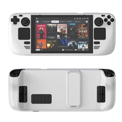 Abbildung von Kickstand Schutzhülle für Steam Deck Spielkonsole Vollschutzhülle Case mit Standfuß PC Material Stoßdämpfende Hülle Spielzubehör (weiß)