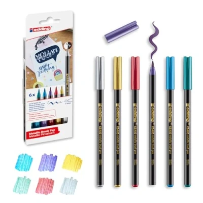 Abbildung von edding 1340 Metallic Pinselstift 6er Set flexible Pinselfeder 1 6 mm marker zum Schreiben, Zeichnen und Skizzieren hohe Deckkraft auch auf dunklem Papier