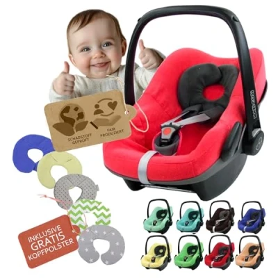 Abbildung von Frottee Sommerbezug [Schonbezug für Babyschale] Autositz kompatibel mit Maxi Cosi Pebble und Plus + GRATIS Kopfpolster (coral)