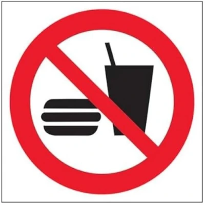 Abbildung von vsafety 51008 at s PROHIBITION Logo Schild, selbstklebend, kein Lebensmittel oder Trinken, quadratisch, 200 mm x mm, schwarz, rot