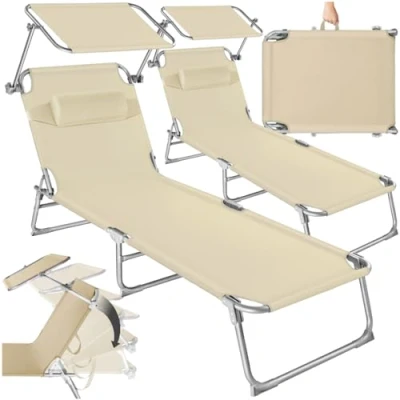 Abbildung von tectake 2er Set Sonnenliege leicht und klappbar, leichte Liege für Camping Garten, Perfekter Liegestuhl mit Dach, transportable zusammenklappbar Griff