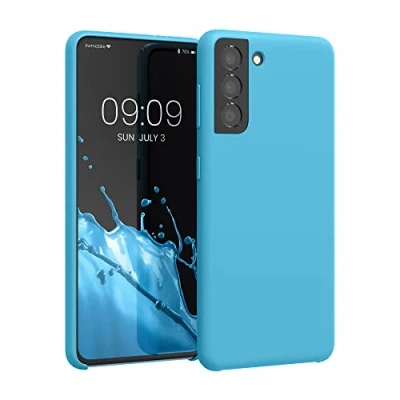 Abbildung von kwmobile Hülle kompatibel mit Samsung Galaxy S21 Silikon Handy Case Handyhülle weiche Oberfläche kabelloses Laden Hellblau