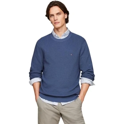 Abbildung von Tommy Hilfiger Waffle CREW NECK Strickpullover, Herren, Größe: Small, Aegean sea