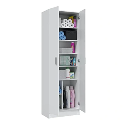 Abbildung von Mehrzweck Kleiderschrank mit zwei Türen sechs Einlegeböden, Farbe Weiß, Maße 59 x 180 37 cm