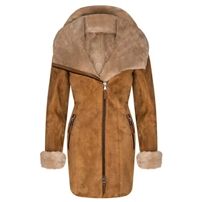 Abbildung von Infinity Leather Damen Tan Kapuzen Shearling Schaffell Merino Wildleder Ledermantel