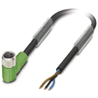 Abbildung von PHOENIX CONTACT SAC 3P 5.0 PUR/M 8FR Sensor/Aktor Kabel, 3 Polig, PUR Halogenfrei, Freies Leitungsende, Buchse Gewinkelt M8, 5m Kabellänge, Schwarz/Grau