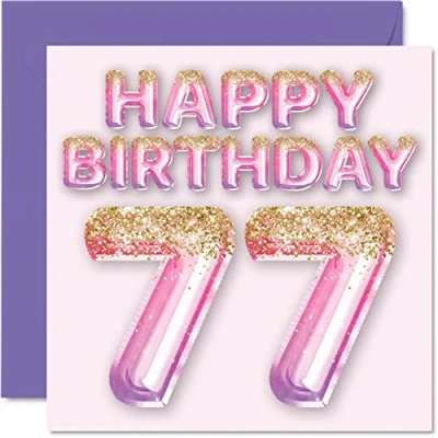 Abbildung von Geburtstagskarte zum 77. Geburtstag für Frauen rosa und lila Glitzerballons Happy Karten 77 Jahre alte Frau Mama Great Nanny Grandma Gran, 145 mm x Siebzig Siebziger Grußkarten Geschenk