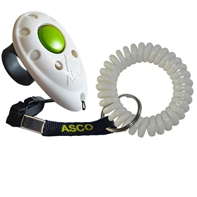 Abbildung von ASCO Premium Finger Clicker mit Spiralarmband für Clickertraining, Hunde Katzen Pferde Profi Clicker, Hundetraining Klicker weiß AC05FS