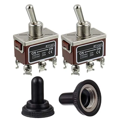 Abbildung von BOJACK RT1321 Kippschalter 125V 20A 250V 15A DPDT EIN 6 Kipphebel mit Klemmenstift und wasserdichter Metallkappe (Packung 2 Stück)