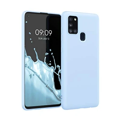 Abbildung von kwmobile Hülle kompatibel mit Samsung Galaxy A21s weiches TPU Silikon Case Cover geeignet für kabelloses Laden Hellblau matt
