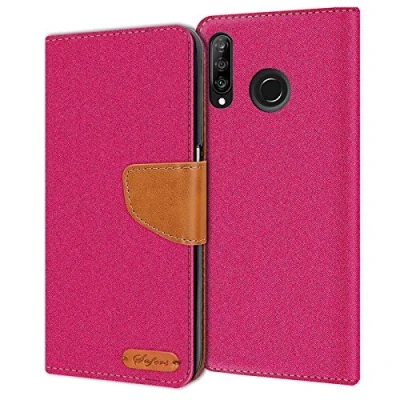 Abbildung von Verco kompatibel mit Huawei P30 Lite Hülle, Schutzhülle für Tasche Denim Textil Book Case Flip Klapphülle Pink