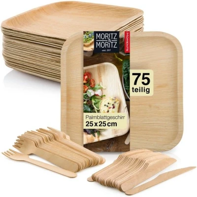Abbildung von Moritz &amp; Einweggeschirr Set Palmblatt 75tlg Geschirrset Eckig 25x25cm (75 tlg), 25 Personen, Palmblatt, Birkenholz, Nachhaltiges Teller Einweg Holzbesteck
