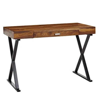 Abbildung von KADIMA DESIGN Massivholz Schreibtisch Sheesham, X förmiges Metallgestell, Schublade, 120x55x78 cm Farbe: Schwarz