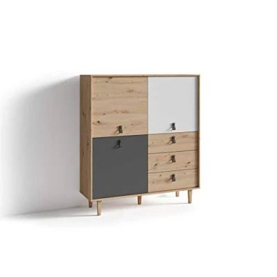Abbildung von byLIVING Highboard BILL / Wohnzimmerschrank Artisan Eiche Optik hellbraun Schrank mit 3 Tür und Schubkästen Sideboard Fronten in weiß grau Schlaufen Griffe B 120, H 135, T 36,5 cm