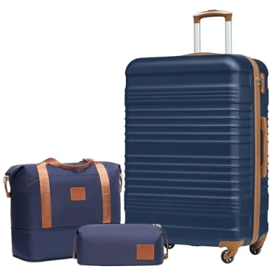 Abbildung von COOLIFE Koffer Set Trolley ABS Hartschale Reisekoffer 4 Rollen TSA Schloss einziehbarer Der Enthält 1 Reisetasche und Kulturbeutel (Blau/Braun, Großer 3tlg)