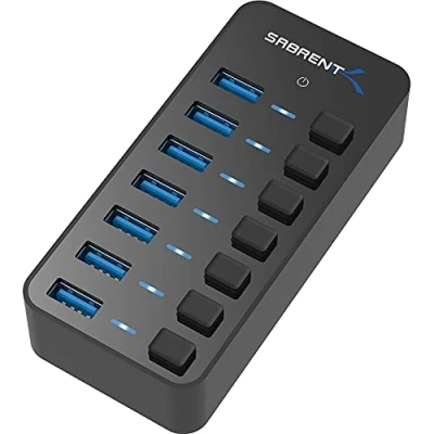 Abbildung von SABRENT USB Hub aktiv 3.2x1, mit netzteil 36W 7port, Adapter mehrfach Verlängerung, Verteiler, Powered hub, langes Kabel EIN/AUS schaltern, für PS5, PC, Laptop, MacBook (HB BUP7)