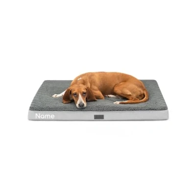 Abbildung von lionto Hundebett orthopädisch, 91x69x8 cm, Robustes Hundekissen mit weichem Plüsch, Bezug abnehmbar &amp; waschbar, wasserabweisend, geeignet für kleine große Hunde + Katzen, grau (Namensaufdruck)