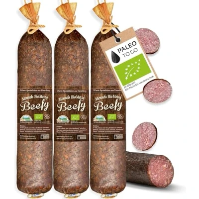 Abbildung von PALEO TO GO Beefy Salami aus Rindfleisch [100% Bio Made in Austria] 3 Stück Wurst luftgetrocknet Fleisch Snacks ohne Konservierungsstoffe Low Carb Protein Riegel Sticks