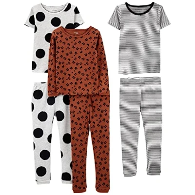 Abbildung von Simple Joys by Carter&#039;s Mädchen 6 Piece Snug Fit Cotton Pajama Set Pyjamaset, Braun Tiermuster/Grau Tupfen/Weiß Streifen, 5 Jahre (3er Pack)