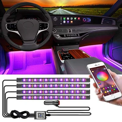 Abbildung von YiLaie Upgrade Auto Innenbeleuchtung mit Smart App Steuerung, 4 Stück 48 LEDs, LED Lichtstreifen, mehrfarbig, mehrere Szenen und Musik Synchronisation unter dem Armaturenbrett