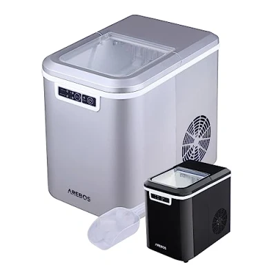 Abbildung von Arebos Eiswürfelmaschine Ice Cube Maker 12 kg / 24 h 10 15 Minuten Produktionszeit 2 Eiswürfel Größen 2,2 Liter Wassertank Eiswürfelbereiter Leise Selbstreinigungsfunktion Silber