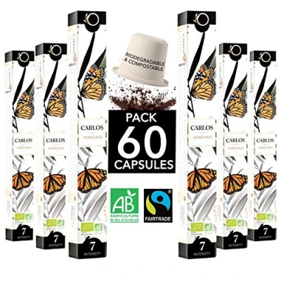 Abbildung von Nespresso Kapseln Kompatibel BIO FAIRTRADE Arabica Kaffee in Biologisch abbaubar CARLOS Sortenreiner Honduras, 60 Kaffeekapseln Traditionelle Röstung