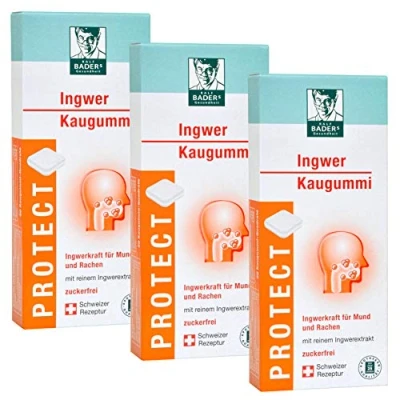 Abbildung von BADERs PROTECT Ingwer Kaugummi aus der Apotheke. Mit den Scharfstoffen Gingerole. Ideal auch bei Reisen. 3 x 20 Quadrate