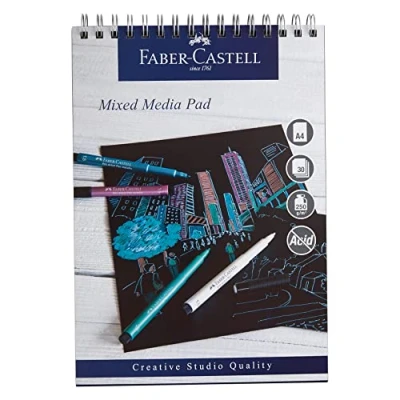 Abbildung von Faber Castell Creative Studio Mixed Media Block, A4, Spiralbindung (schwarz), 250 g/m², 30 Blatt, alle Medien, Acryl, Aquarellfarbe, Bleistifte, Pastell, Anthrazit, Graphit, Kunst, Handwerk, Zuhause,