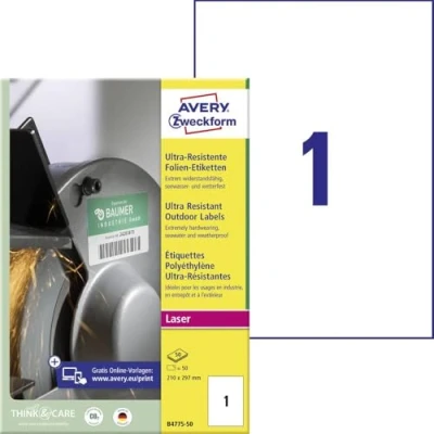 Abbildung von AVERY Zweckform B4775 50 Strapazierfähige Folienetiketten (50 Aufkleber, 210x297mm auf A4, extrem stark selbstklebend, für schwierige Oberflächen, bedruckbare Outdoor Klebefolie) Blatt, weiß