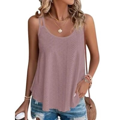 Abbildung von WNEEDU Damen Tank Tops Sommer Spaghetti Cami Oberteile Ärmellose Rundhalsausschnitt Blusen Top Shirts Rosa M
