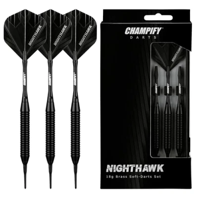 Abbildung von Champify® 18g Brass Soft Darts Set “Nighthawk mit Kunststoff Spitze 3 Dartpfeile 6 Schäften &amp; Flights 30 Softdart Spitzen inkl. weiteres Zubehör Plastik