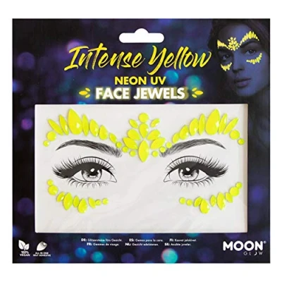 Abbildung von Moon Glow Neon UV Gesichtsjuwelen, Festival Gesichts Körper Edelsteine, Kristall Make up Augen Glitzeraufkleber, temporäre Tattoo Juwelen (intensiv) (Gelb, Mittel)