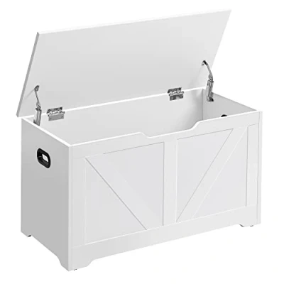 Abbildung von VASAGLE Schuhbank, Sitzbank mit Stauraum, Sitztruhe, 2 Sicherheitsscharniere, Aufbewahrungsschrank, Landhausstil, 40 x 80 46 cm, für Flur, Schlafzimmer, Wohnzimmer, wolkenweiß LSB062T14