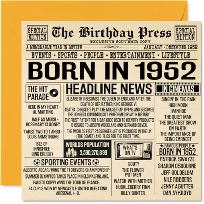 Abbildung von Stuff4 Geburtstagskarte zum 72. Geburtstag für Männer und Frauen, Zeitung Born in 1952 Newspaper Happy 72 Birthday Card for Grandad Grandma Nan Vintage Retro Back 1952, 145 mm x mm,